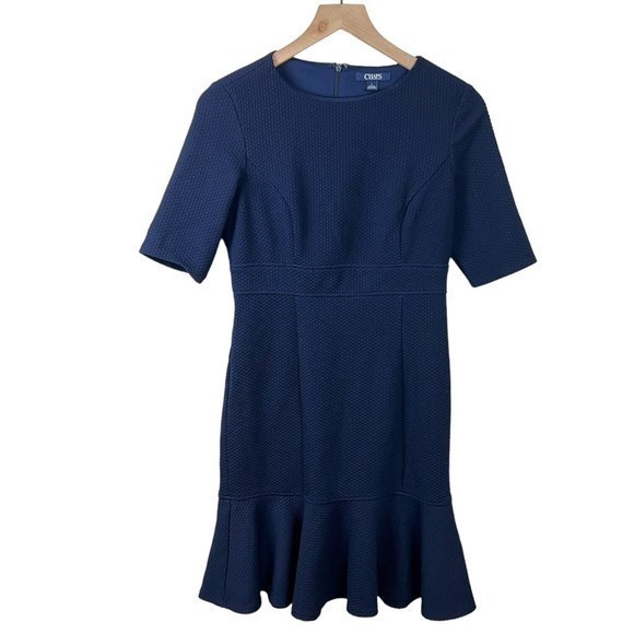Chaps Womens Navy‎ Blue Waffle Knit Ruffled Short Sleeve Dress Size 6 - Picture 1 of 4